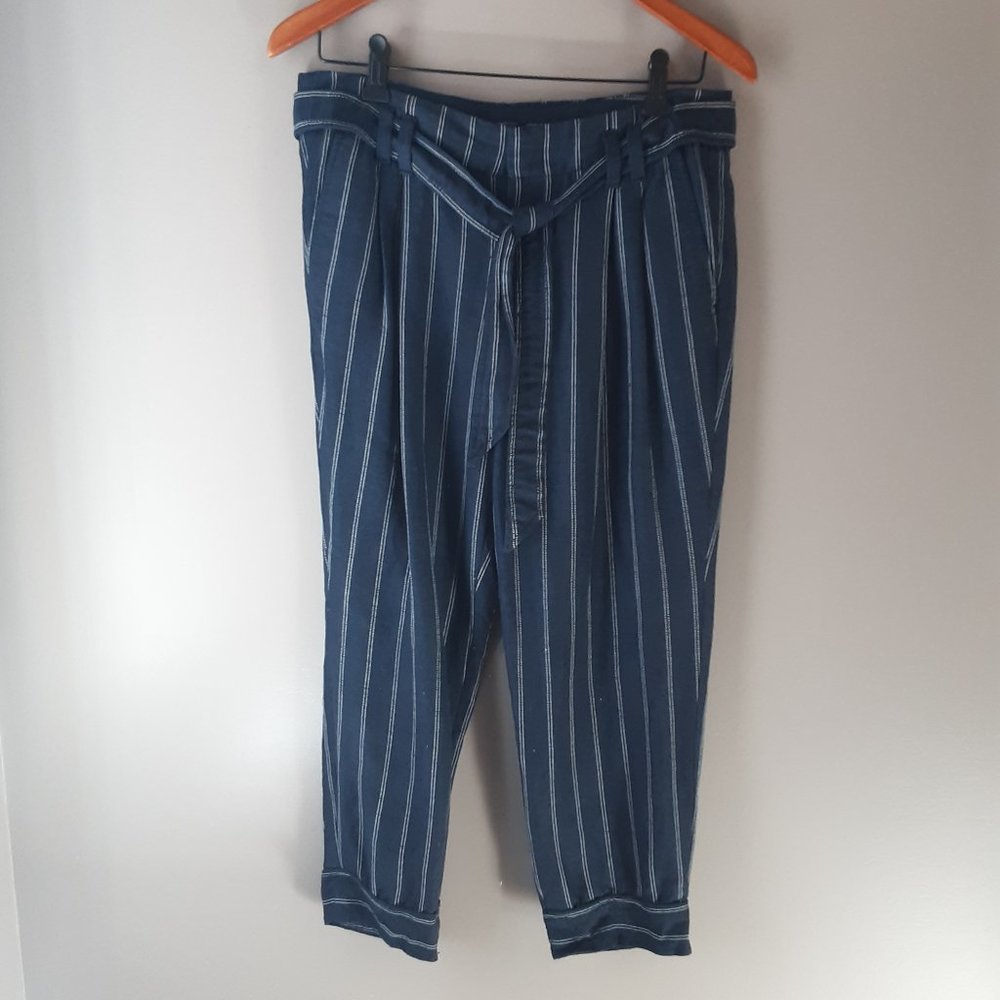 Banana Republic Avery Fit Navy Striped Nautical Linen Rayon Belted Pants Size 2